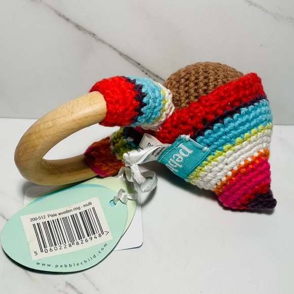 NEW ~PEBBLE~ PIXIE Organic Wooden Teething Ring ~ Crocheted Multi Colored. - Picture 3 of 4